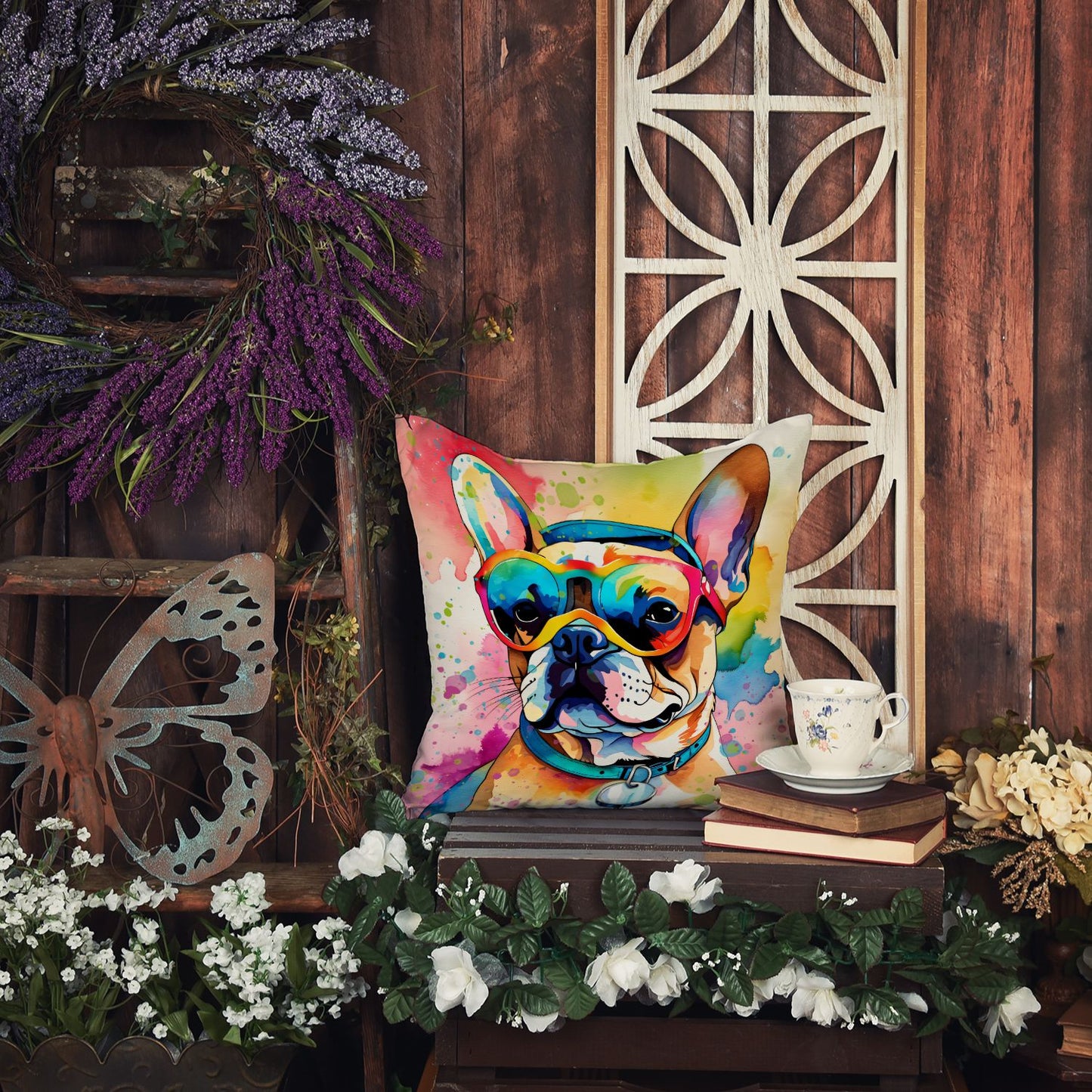 French Bulldog Hippie Dawg Throw Pillow Machine Washable, Indoor Outdoor Decorative Pillow for Couch, Bed or Patio, 14Hx14W