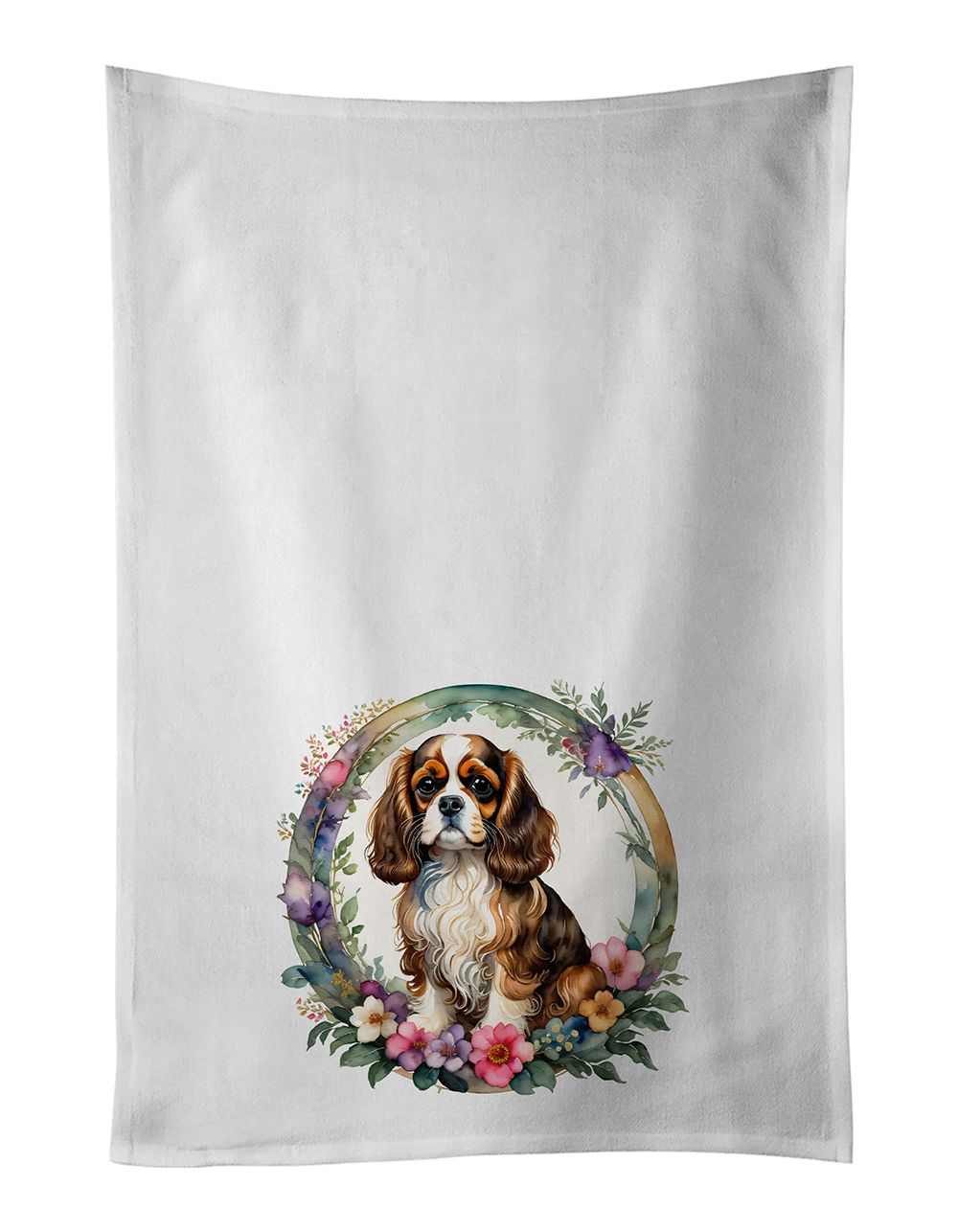 Cavalier Spaniel and Flowers Kitchen Towel Set of 2 White Dish Towels Decorative Bathroom Hand towel for Hand, Face, Hair, Yoga, Tea, Dishcloth, 19 X 28", White
