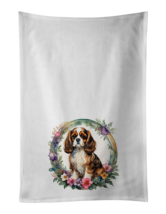 Cavalier Spaniel and Flowers Kitchen Towel Set of 2 White Dish Towels Decorative Bathroom Hand towel for Hand, Face, Hair, Yoga, Tea, Dishcloth, 19 X 28", White