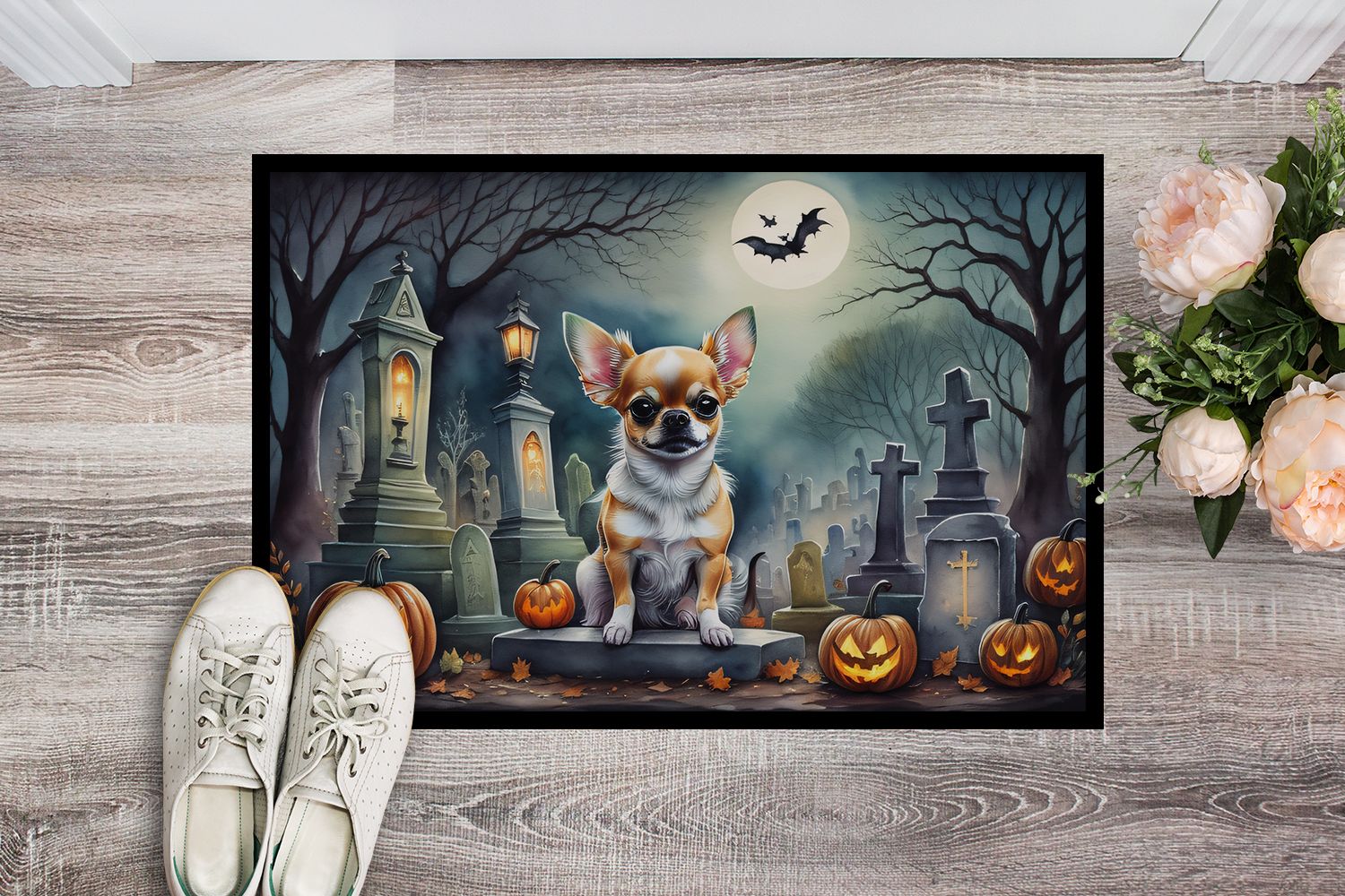 Chihuahua Spooky Halloween Doormat Front Door Mat Indoor Outdoor Rugs for Entryway, Non Slip Washable Low Pile, 24H X 36W