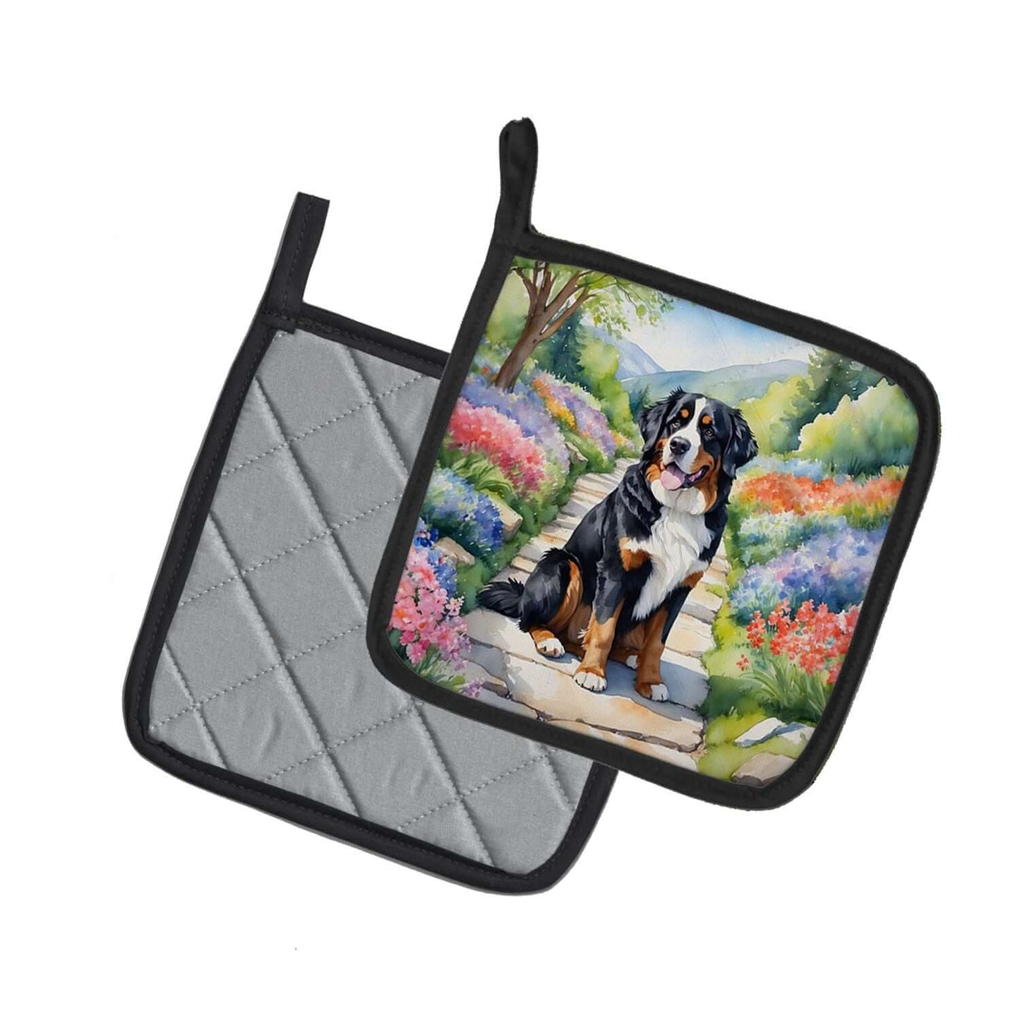 Bernese Mountain Dog Spring Path Pair of Pot Holders Kitchen Heat Resistant Pot Holders Sets Oven Hot Pads for Cooking Baking BBQ, 7 1/2 x 7 1/2