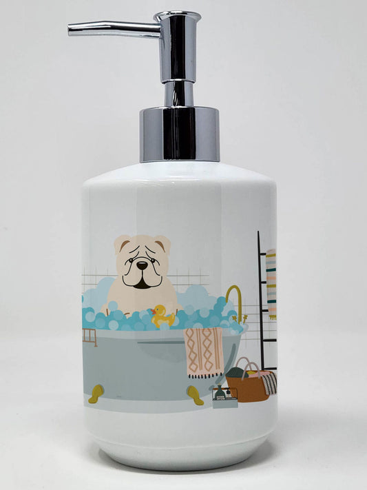 White English Bulldog in Bathtub Ceramic Soap Dispenser Hand Soap Dispenser Pump Bottles for Bathroom Kitchen, Empty Refillable Liquid Soap Container