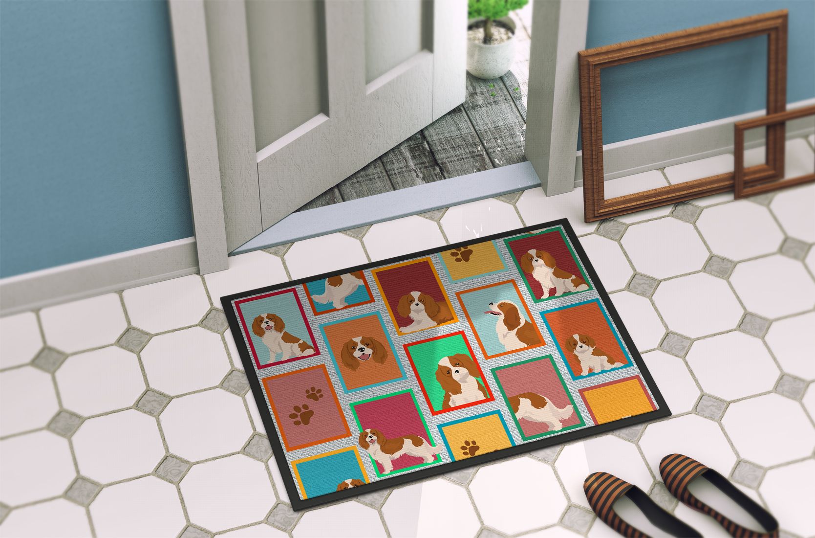 NEW Lots of Blenheim Cavalier Spaniel Doormat Front Door Mat Indoor Outdoor Rugs for Entryway, Non Slip Washable Low Pile, 18H X 27W