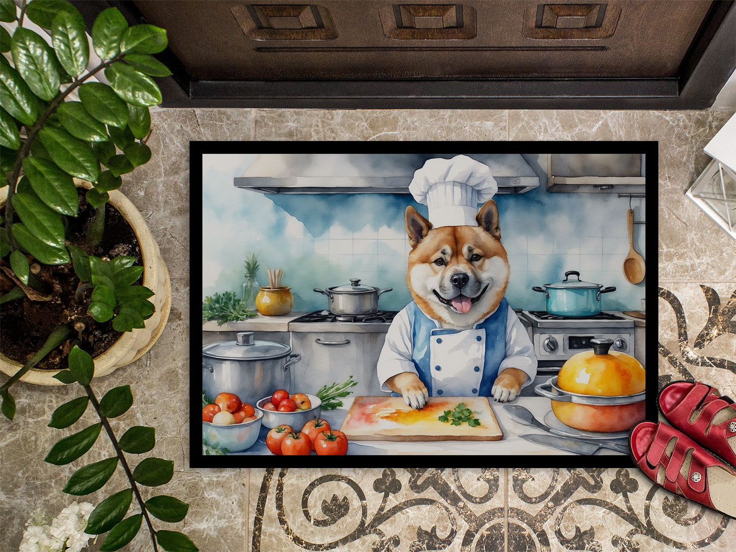 Akita The Chef Doormat Front Door Mat Indoor Outdoor Rugs for Entryway, Non Slip Washable Low Pile, 24H X 36W