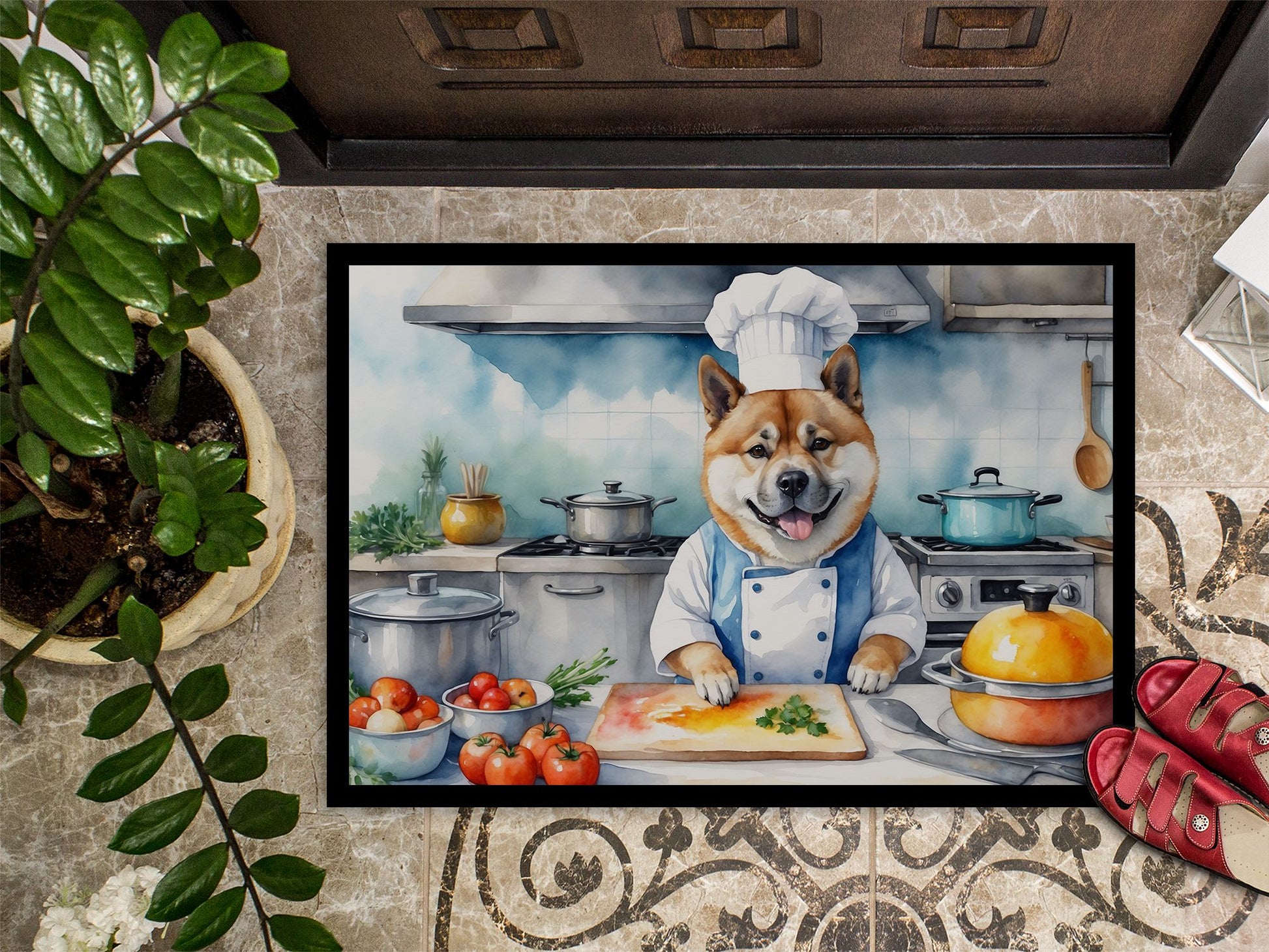 Akita The Chef Doormat Front Door Mat Indoor Outdoor Rugs for Entryway, Non Slip Washable Low Pile, 24H X 36W