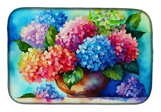 Hydrangeas in Watercolor Dish Drying Mat Absorbent Dish Drying Mat Pad for Kitchen Counter Dish Drainer Mat for Countertop, 14 x 21", Multicolor