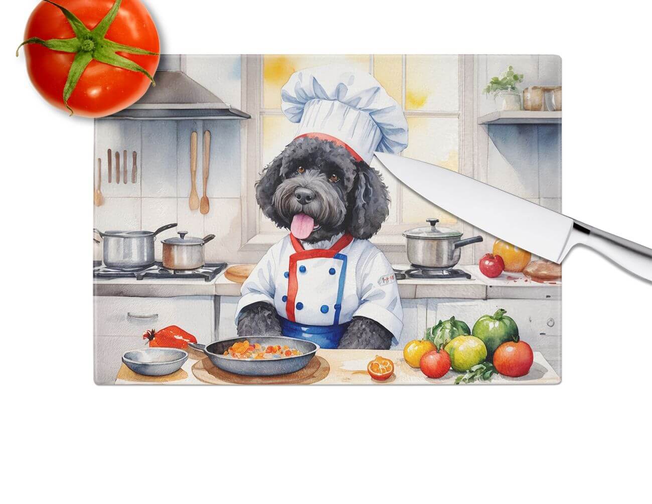 Portuguese Water Dog The Chef Glass Cutting Board Decorative Tempered Glass Kitchen Cutting and Serving Board Large Size Chopping Board