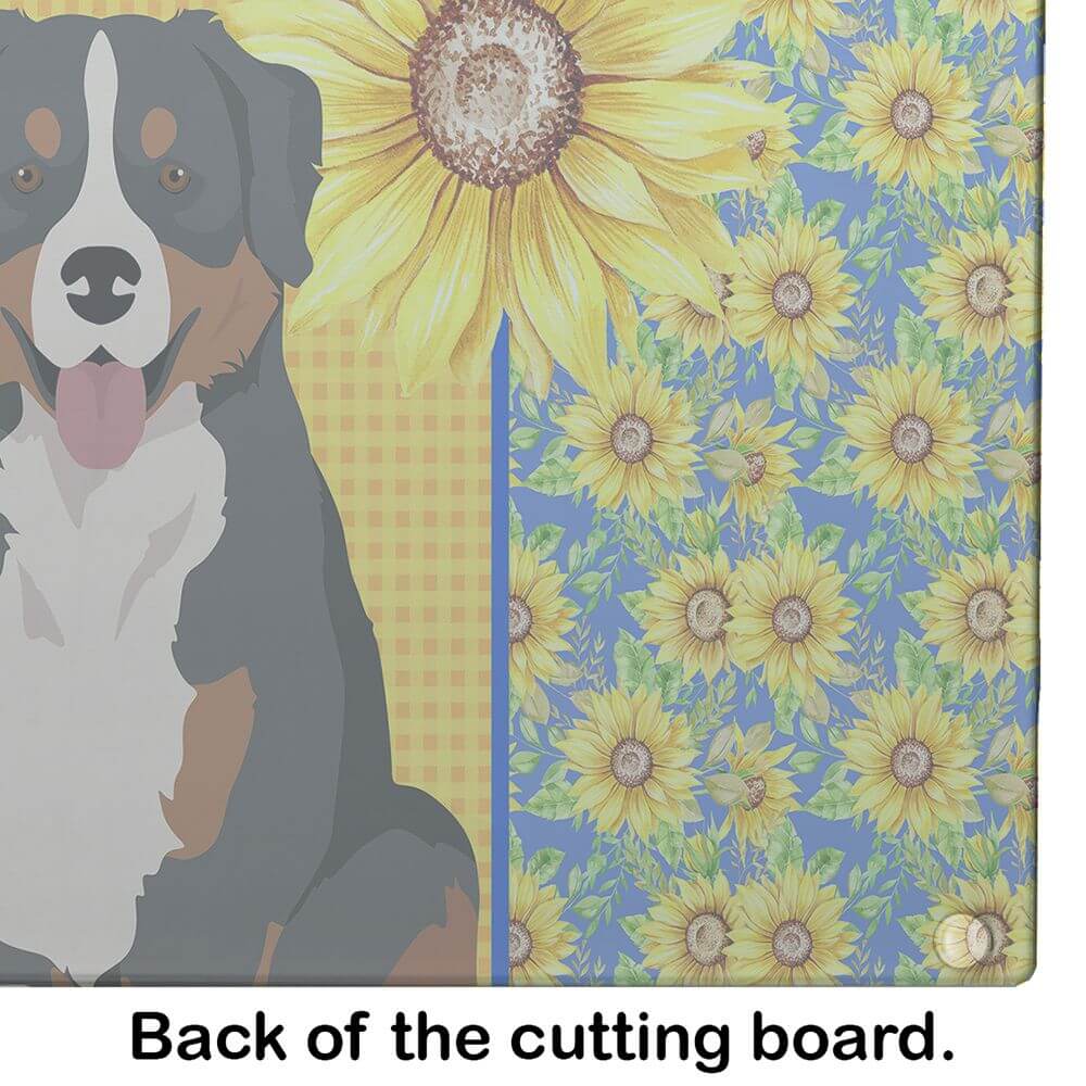 Summer Sunflowers Bernese Mountain Dog Glass Cutting Board Decorative Tempered Glass Kitchen Cutting and Serving Board Large Size Chopping Board