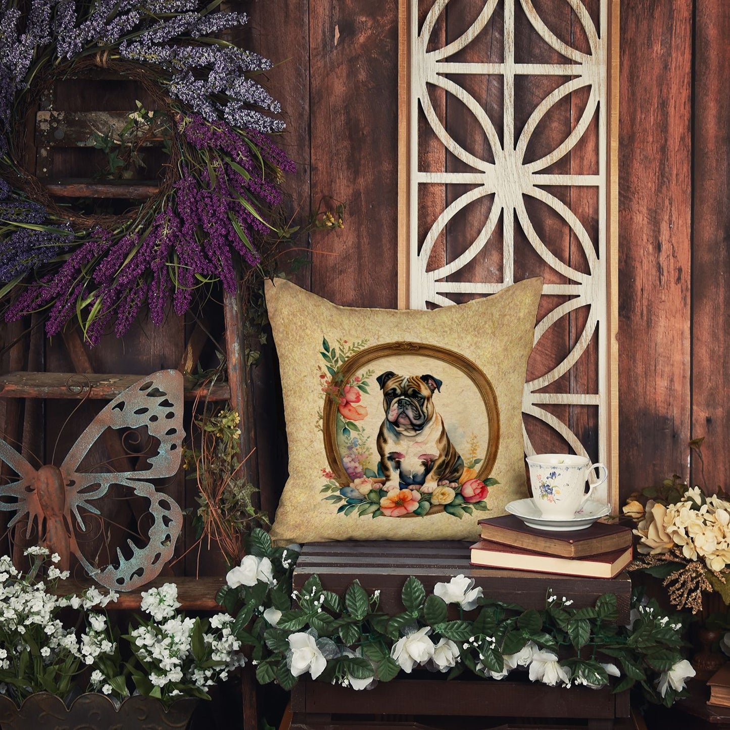 English Bulldog and Flowers Throw Pillow Machine Washable, Indoor Outdoor Decorative Pillow for Couch, Bed or Patio, 14Hx14W