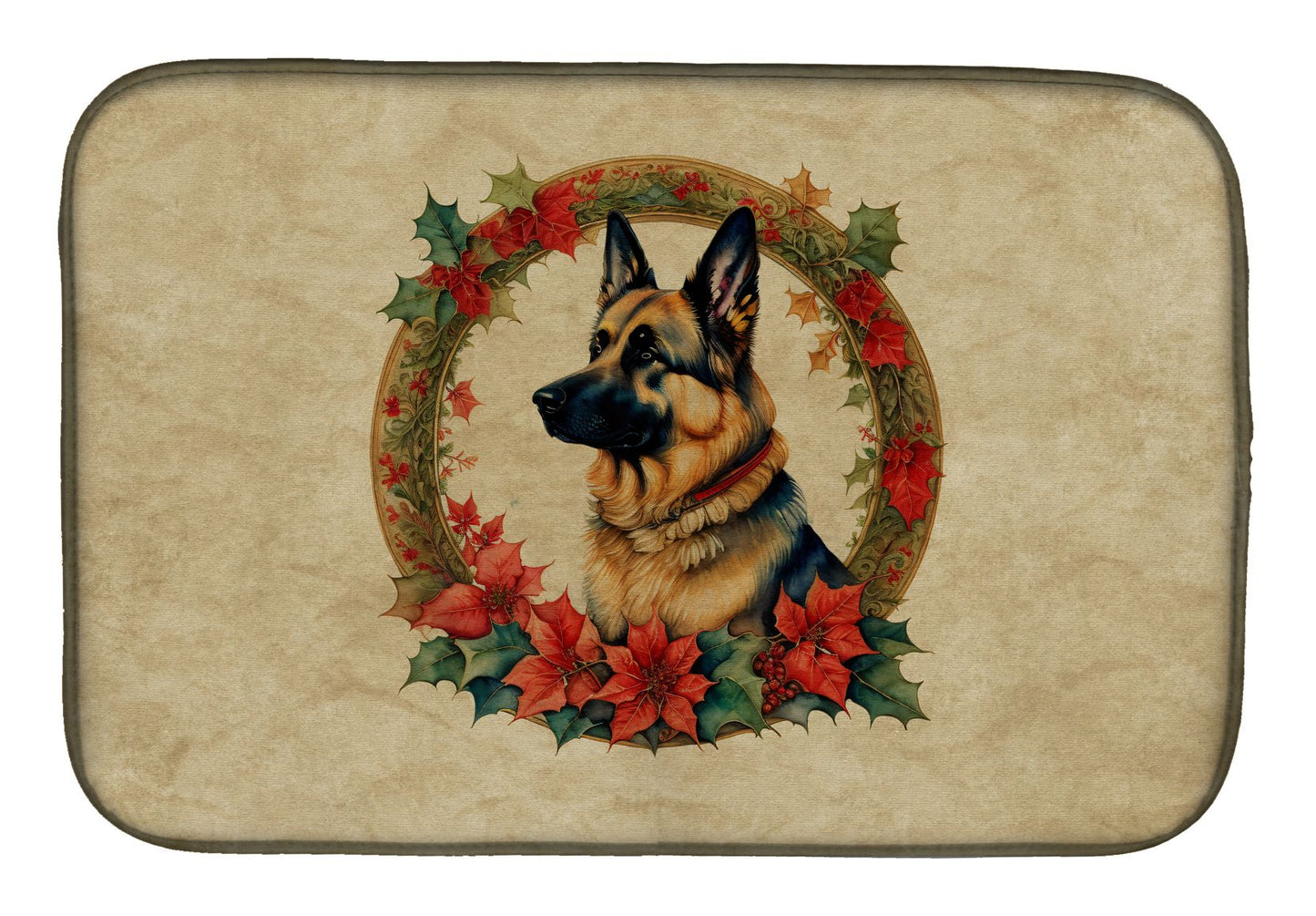 German Shepherd Christmas Flowers Dish Drying Mat Absorbent Dish Drying Mat Pad for Kitchen Counter Dish Drainer Mat for Countertop, 14 x 21", Multicolor