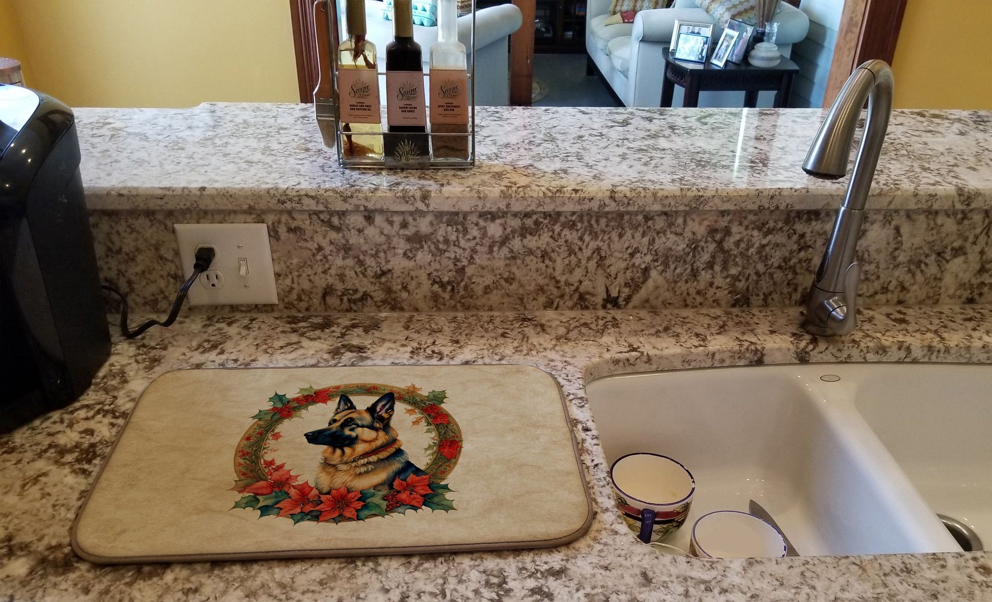 German Shepherd Christmas Flowers Dish Drying Mat Absorbent Dish Drying Mat Pad for Kitchen Counter Dish Drainer Mat for Countertop, 14 x 21", Multicolor