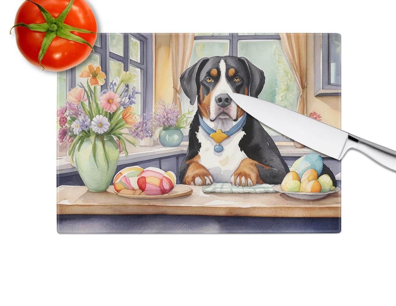 NEW Decorating Easter Greater Swiss Mountain Dog Glass Cutting Board Decorative Tempered Glass Kitchen Cutting and Serving Board Large Size Chopping Board