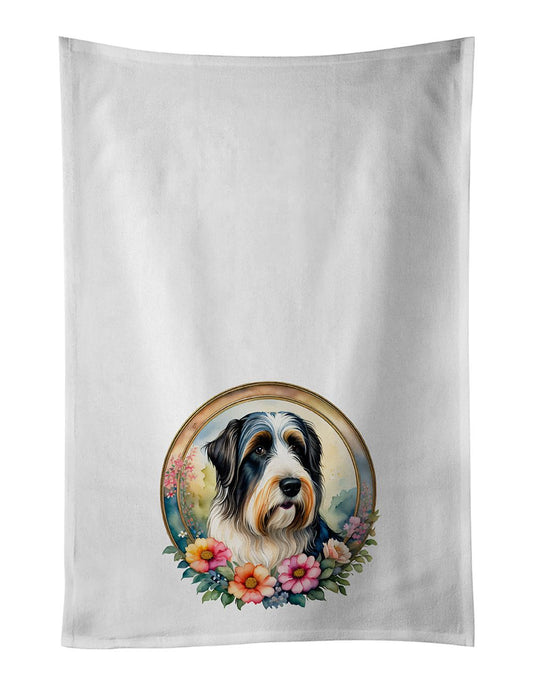 Bearded Collie and Flowers Kitchen Towel Set of 2 White Dish Towels Decorative Bathroom Hand towel for Hand, Face, Hair, Yoga, Tea, Dishcloth, 19 X 28", White