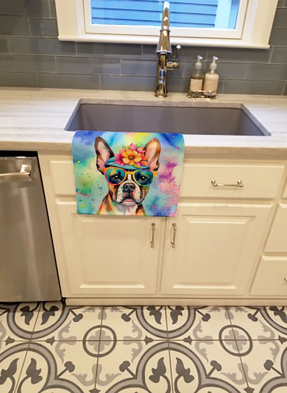 Boston Terrier Hippie Dawg Kitchen Towel Dish Cloths Guest Hand Towel Decorative Bathroom Towel for Face,Tea, Dishcloth, Kitchen and Bath