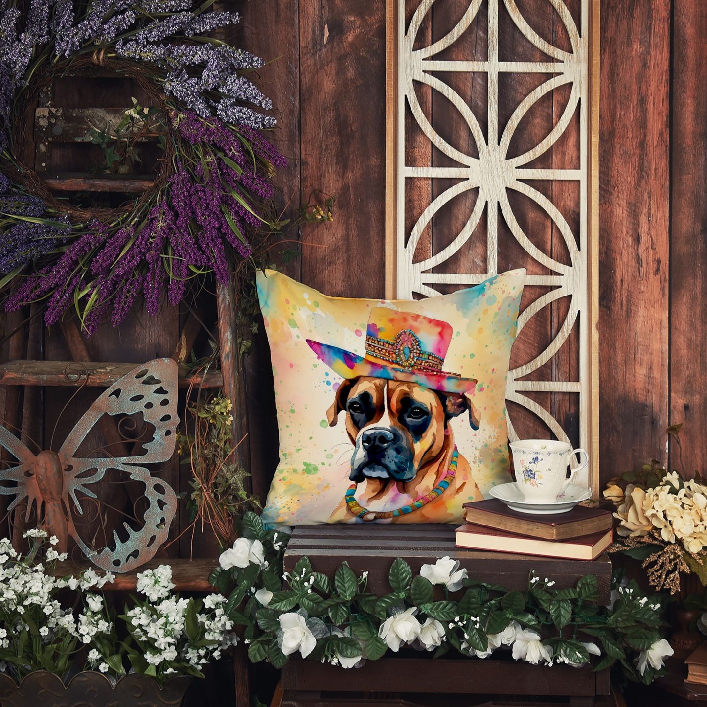 Boxer Hippie Dawg Throw Pillow Machine Washable, Indoor Outdoor Decorative Pillow for Couch, Bed or Patio, 14Hx14W