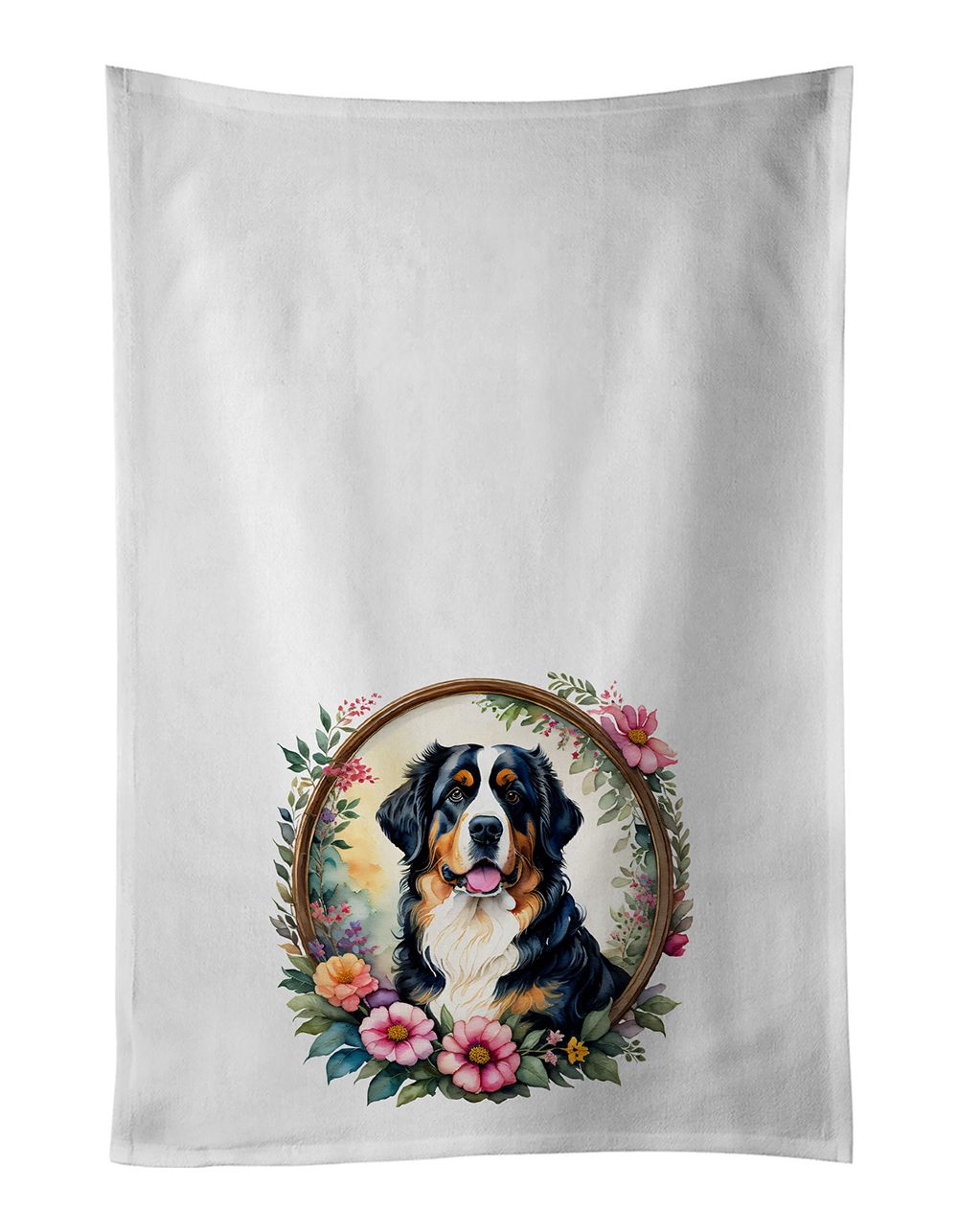 Bernese Mountain Dog and Flowers Kitchen Towel Set of 2 White Dish Towels Decorative Bathroom Hand towel for Hand, Face, Hair, Yoga, Tea, Dishcloth, 19 X 28", White