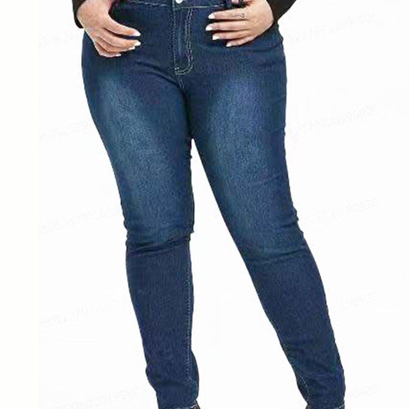 Plus Size High Rise Button Fly Skinny Jeans; Women's Plus Medium Stretch Skinny Pants