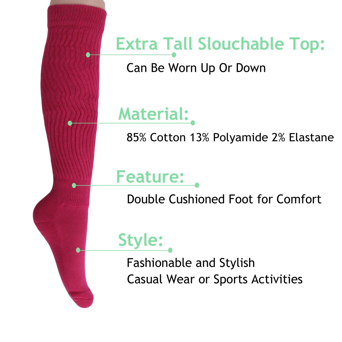Women's Extra Long Slouch Scrunch Socks Knee High, Cotton Blend, Pack of 2, Fits Shoe Sizes 5-10, 80s Style, 28 Colors