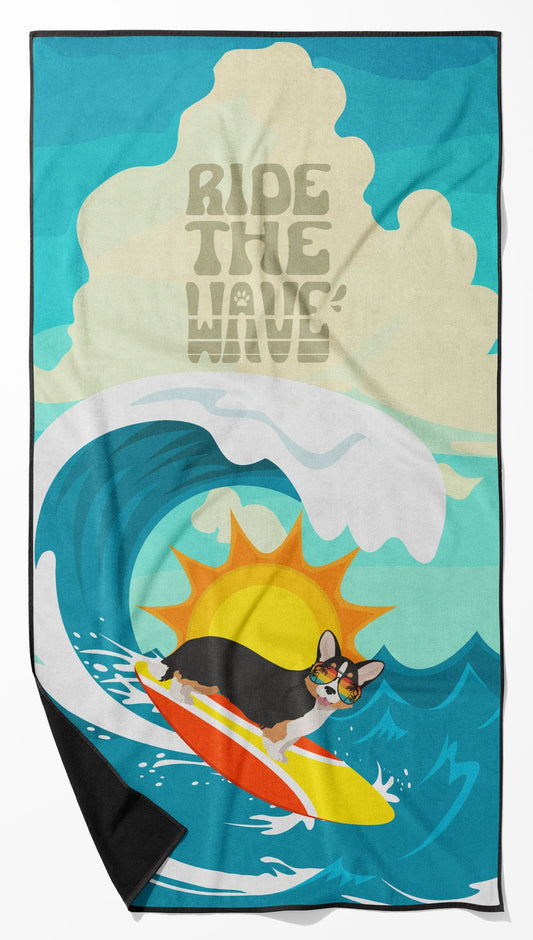 Surfer Dog Tricolor Cardigan Corgi Premium Beach Towel Oversized Towel Beach Blanket, Pool, Beach Essentials, Yoga, Premium Bath Towel, Quick Dry Plush