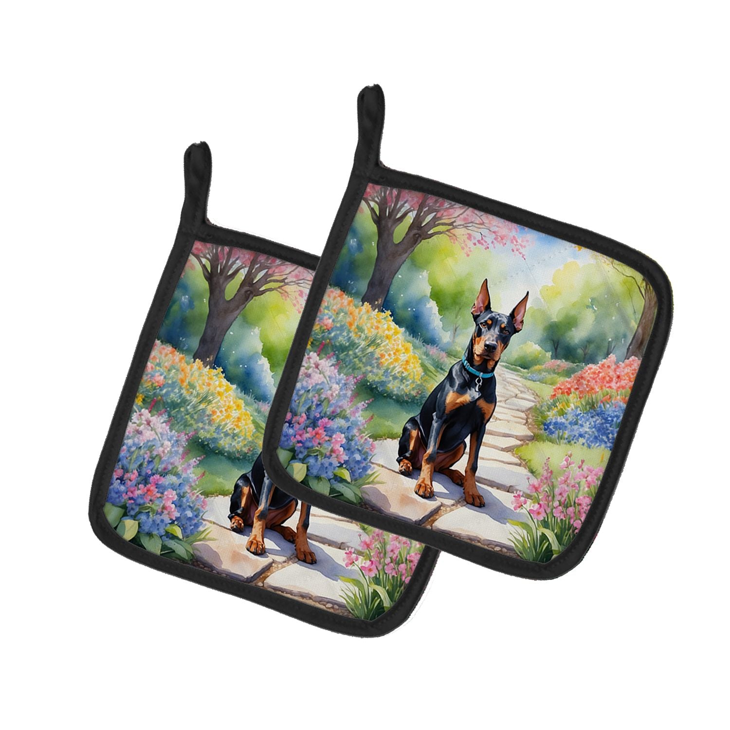 Doberman Pinscher Spring Path Pair of Pot Holders Kitchen Heat Resistant Pot Holders Sets Oven Hot Pads for Cooking Baking BBQ, 7 1/2 x 7 1/2