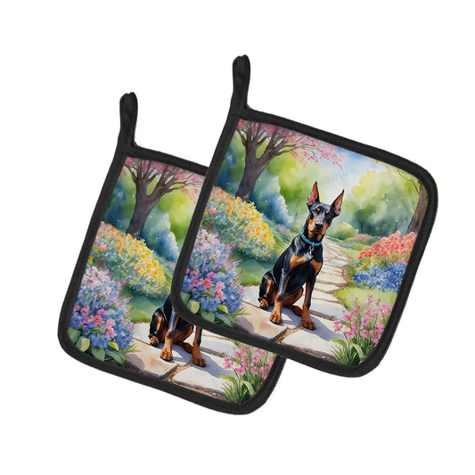 Doberman Pinscher Spring Path Pair of Pot Holders Kitchen Heat Resistant Pot Holders Sets Oven Hot Pads for Cooking Baking BBQ, 7 1/2 x 7 1/2