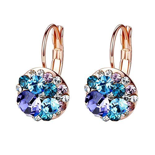 Multicolored Austrian Crystal Leverback Earrings for Women 14K Gold Plated Dangle Hoop Earrings Hypoallergenic Jewelry