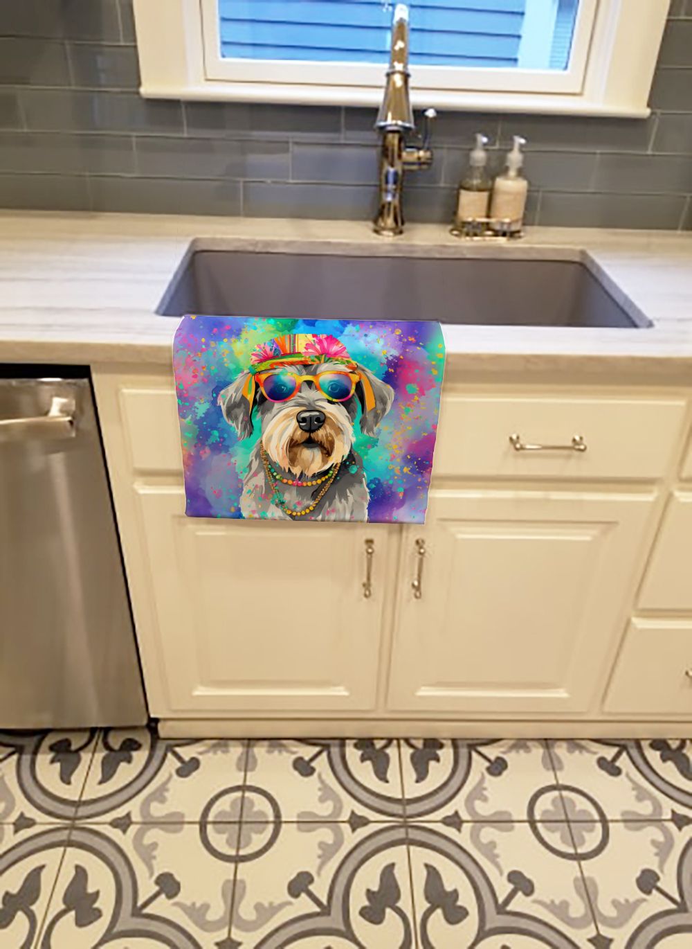 Schnauzer Hippie Dawg Kitchen Towel Dish Cloths Guest Hand Towel Decorative Bathroom Towel for Face,Tea, Dishcloth, Kitchen and Bath