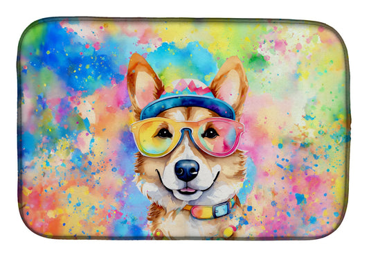 Corgi Hippie Dawg Dish Drying Mat Absorbent Dish Drying Mat Pad for Kitchen Counter Dish Drainer Mat for Countertop, 14 x 21", Multicolor