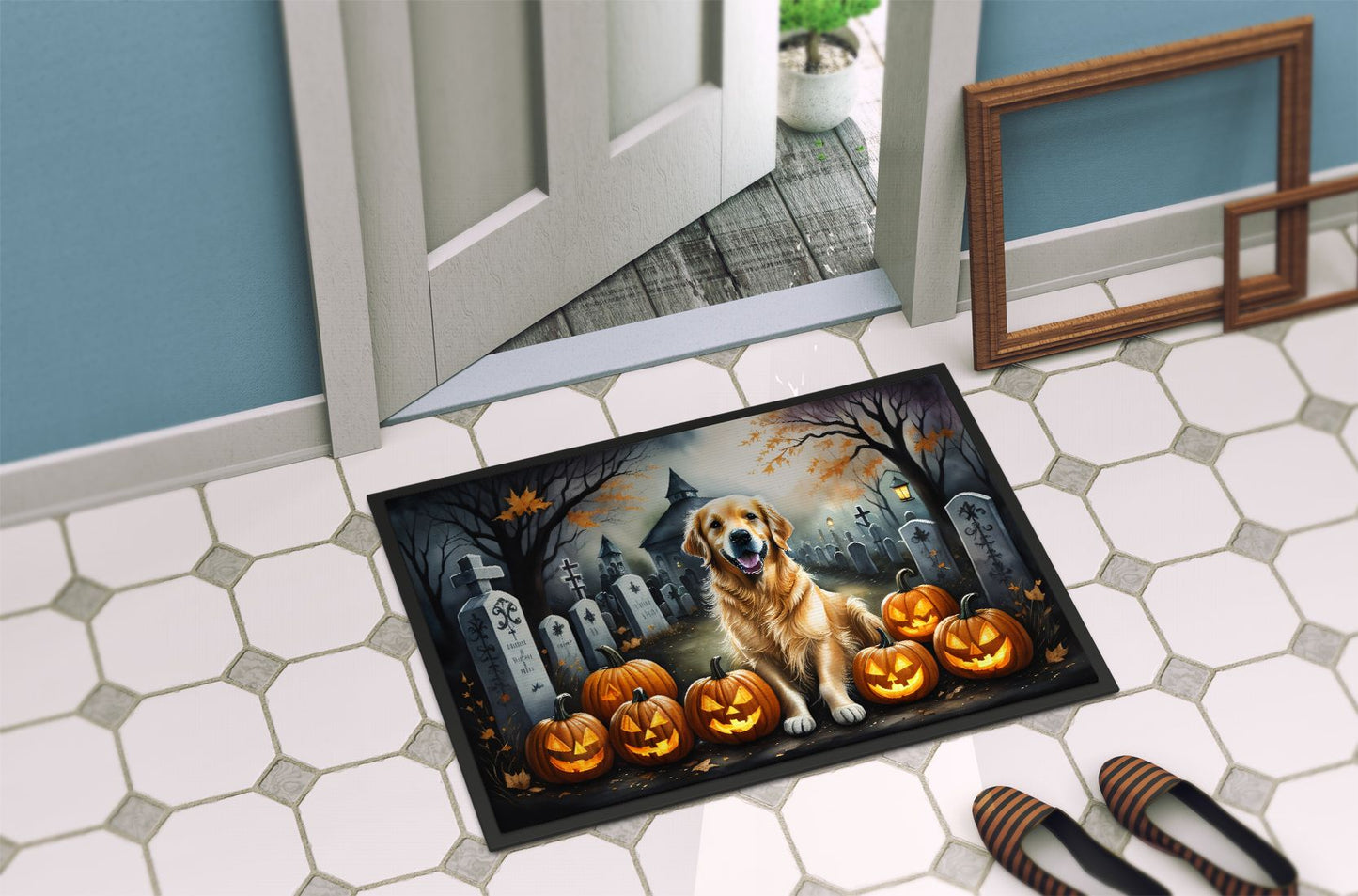 Golden Retriever Spooky Halloween Doormat Front Door Mat Indoor Outdoor Rugs for Entryway, Non Slip Washable Low Pile, 24H X 36W