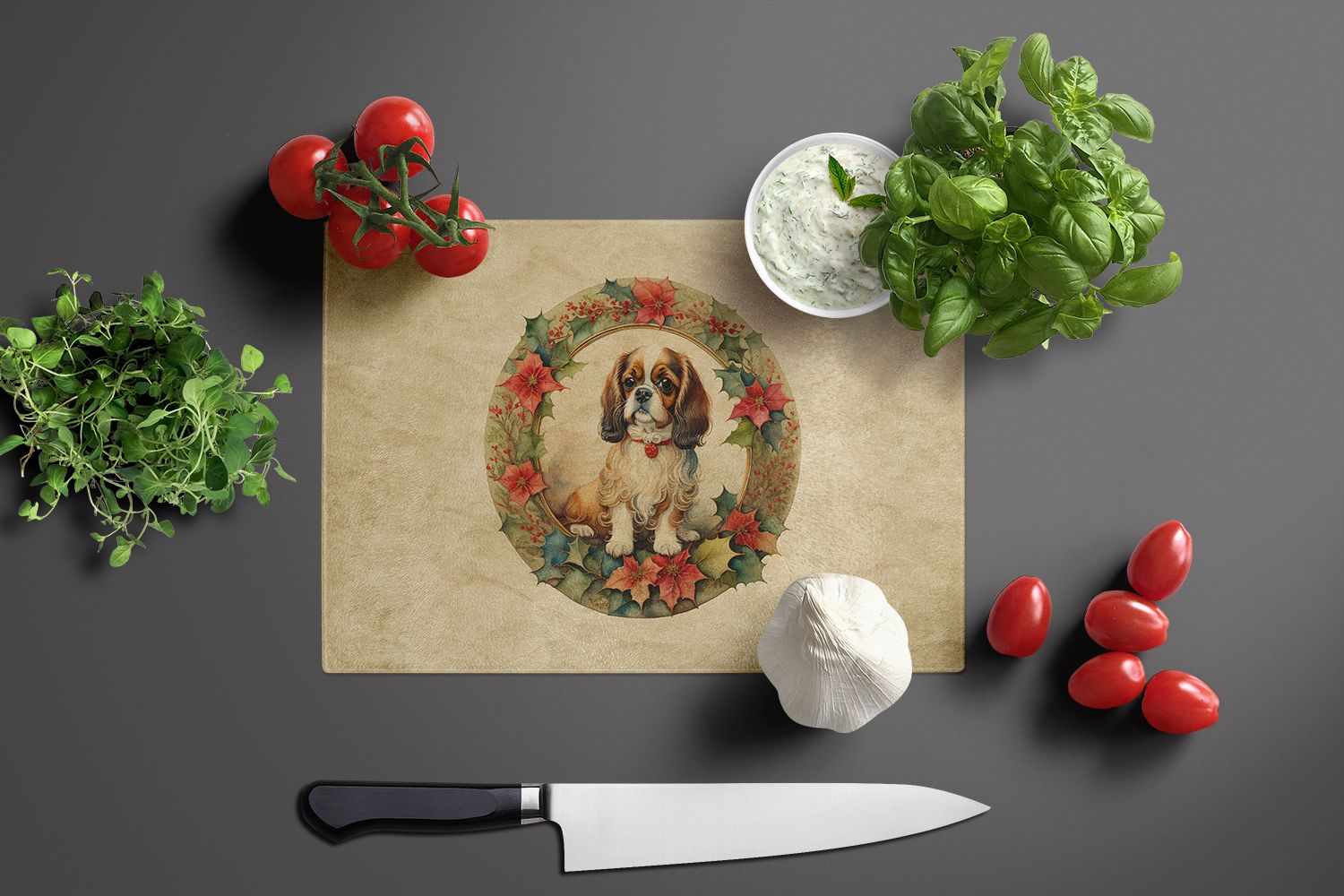 NEW English Toy Spaniel Christmas Flowers Glass Cutting Board Decorative Tempered Glass Kitchen Cutting and Serving Board Large Size Chopping Board