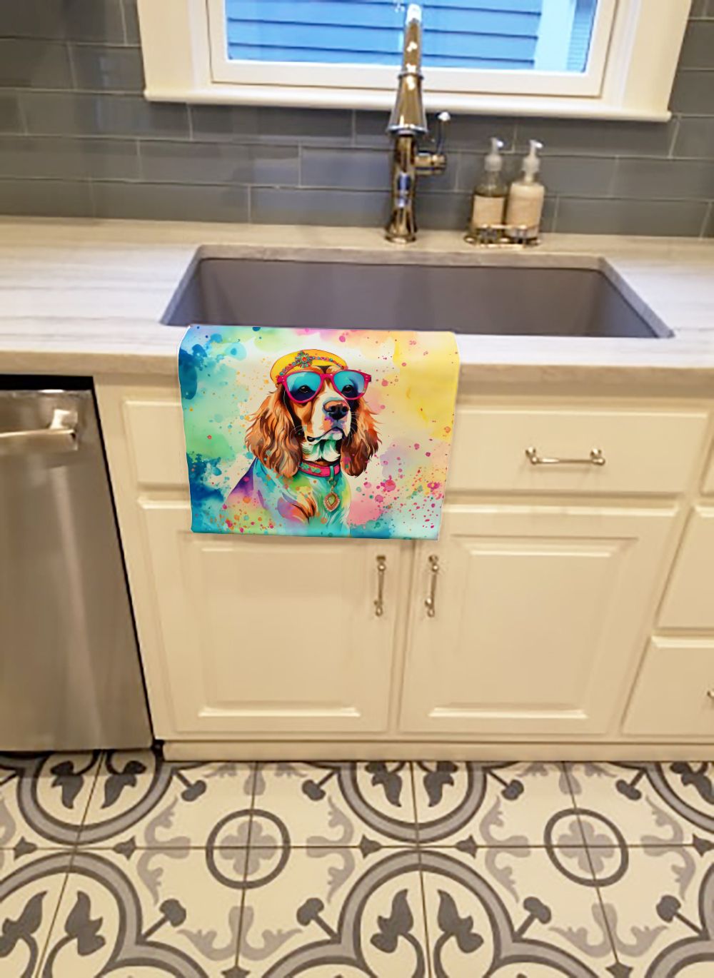 Cavalier Spaniel Hippie Dawg Kitchen Towel Dish Cloths Guest Hand Towel Decorative Bathroom Towel for Face,Tea, Dishcloth, Kitchen and Bath