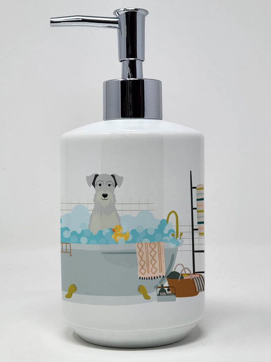 White Miniature Schnauzer in Bathtub Ceramic Soap Dispenser Hand Soap Dispenser Pump Bottles for Bathroom Kitchen, Empty Refillable Liquid Soap Container