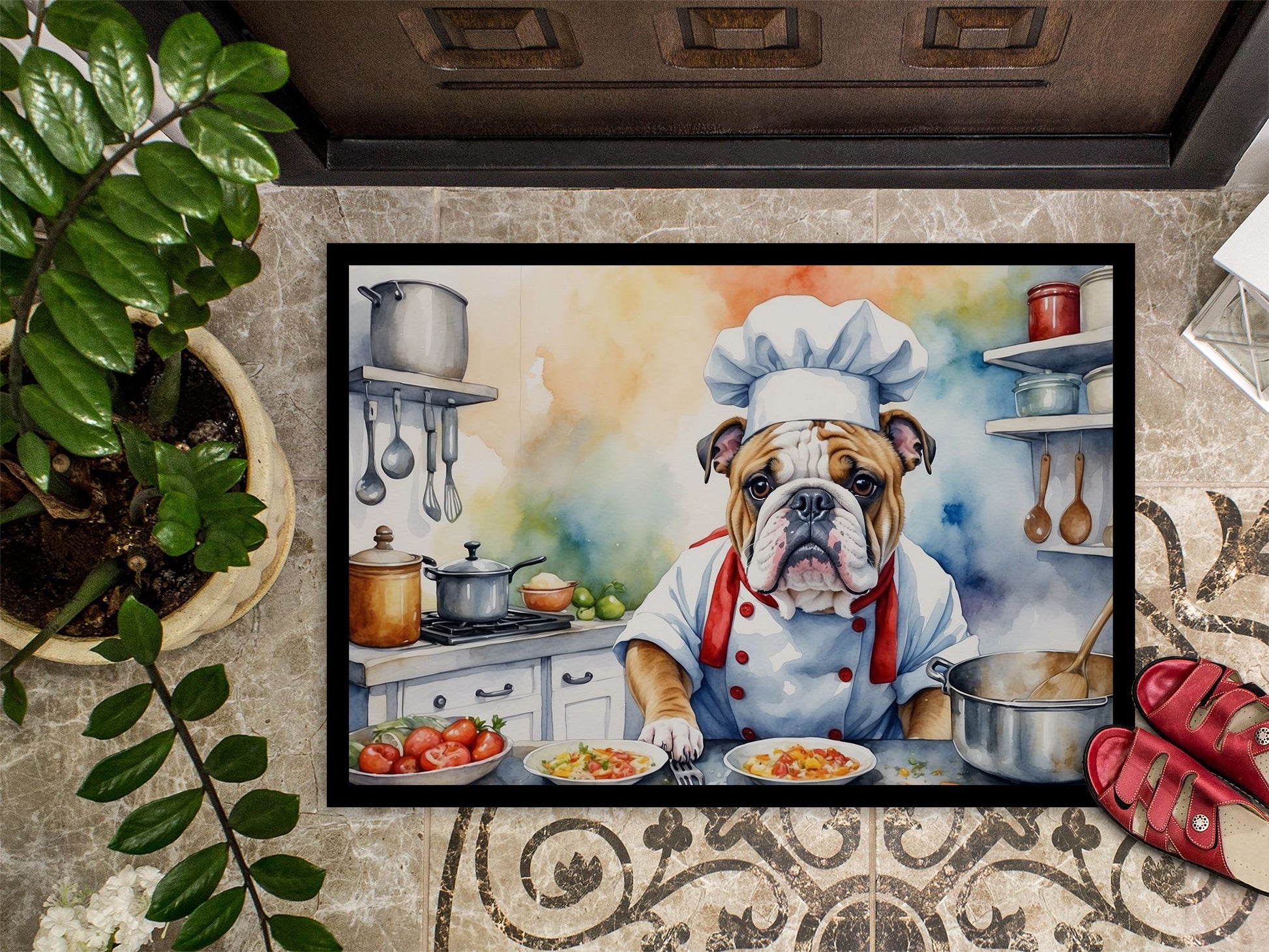 English Bulldog The Chef Doormat Front Door Mat Indoor Outdoor Rugs for Entryway, Non Slip Washable Low Pile, 24H X 36W