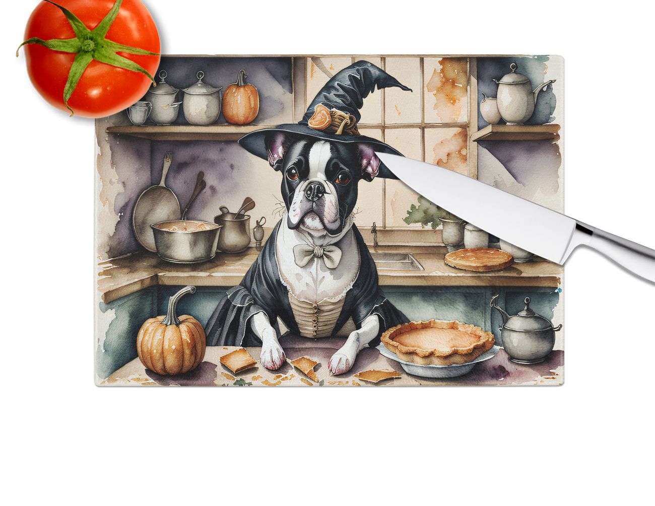 NEW Boston Terrier Fall Kitchen Pumpkins Glass Cutting Board Decorative Tempered Glass Kitchen Cutting and Serving Board Large Size Chopping Board
