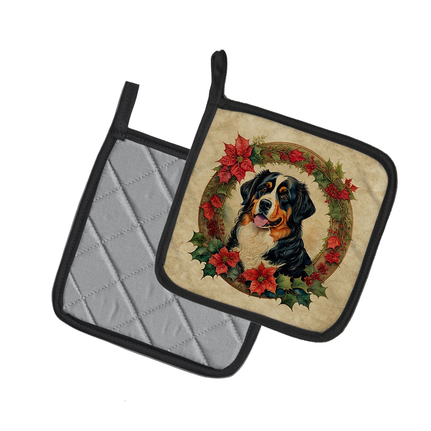 Bernese Mountain Dog Christmas Flowers Pair of Pot Holders Kitchen Heat Resistant Pot Holders Sets Oven Hot Pads for Cooking Baking BBQ, 7 1/2 x 7 1/2