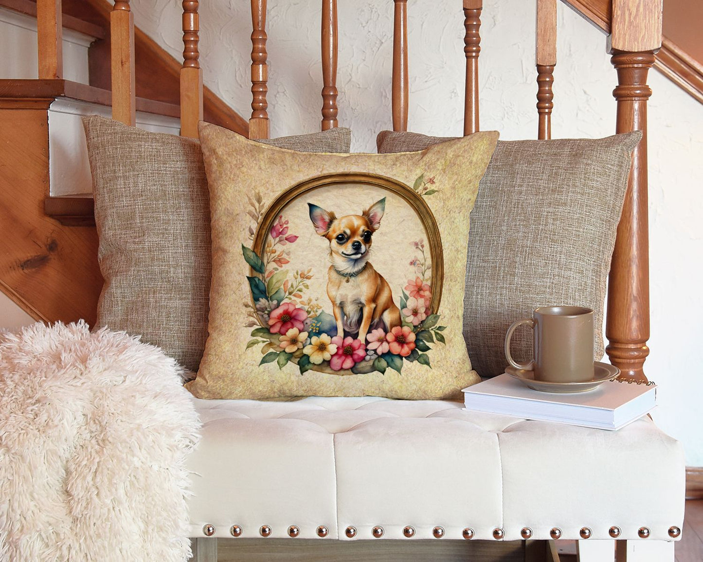 Chihuahua and Flowers Throw Pillow Machine Washable, Indoor Outdoor Decorative Pillow for Couch, Bed or Patio, 14Hx14W