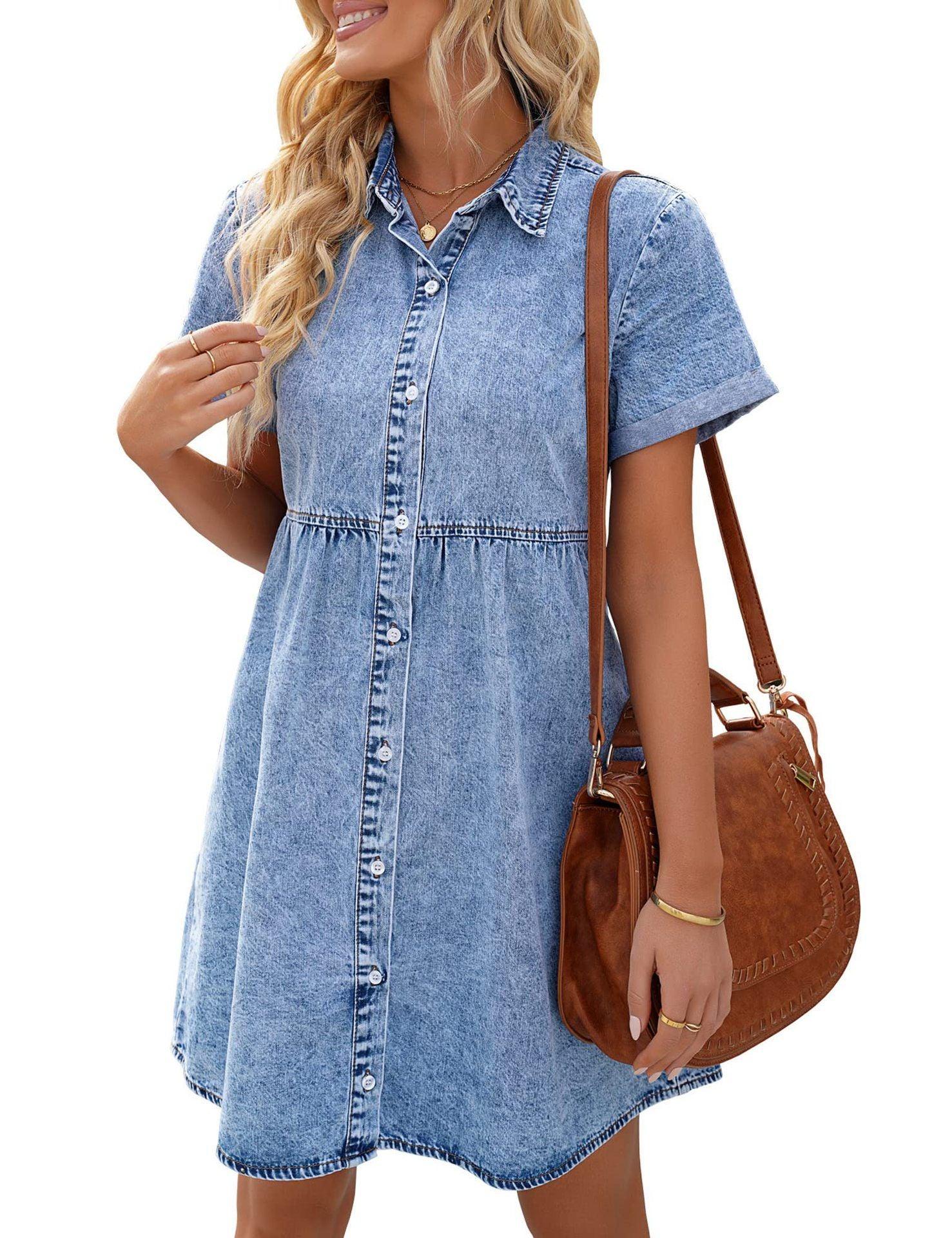 Denim Dress for Women Summer Dress Short Sleeve Button Down Tiered Babydoll Denim Jean Dress