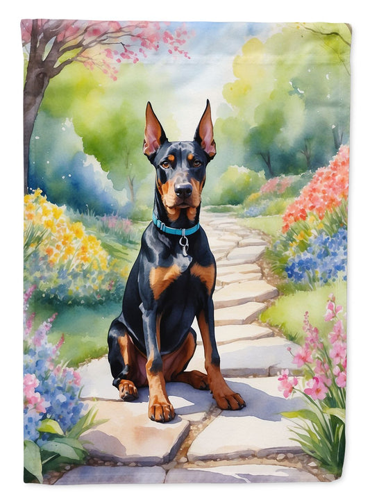 Doberman Pinscher Spring Path House Flag Large Porch Sleeve Pole Decorative Outside Yard Banner Artwork Wall Hanging, Polyester, House Size, Multicolor