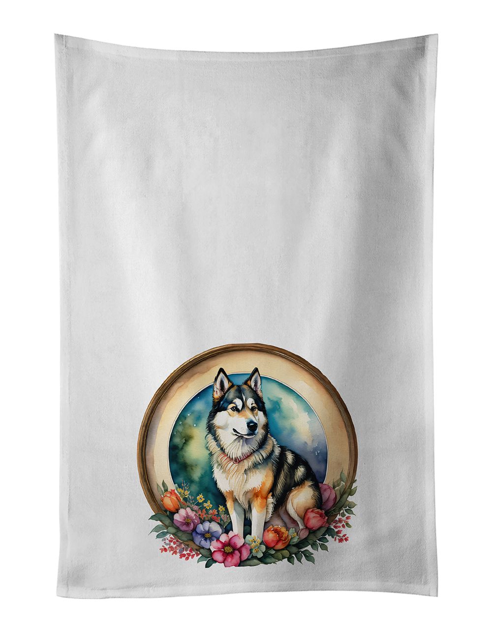 Alaskan Malamute and Flowers Kitchen Towel Set of 2 White Dish Towels Decorative Bathroom Hand towel for Hand, Face, Hair, Yoga, Tea, Dishcloth, 19 X 28", White