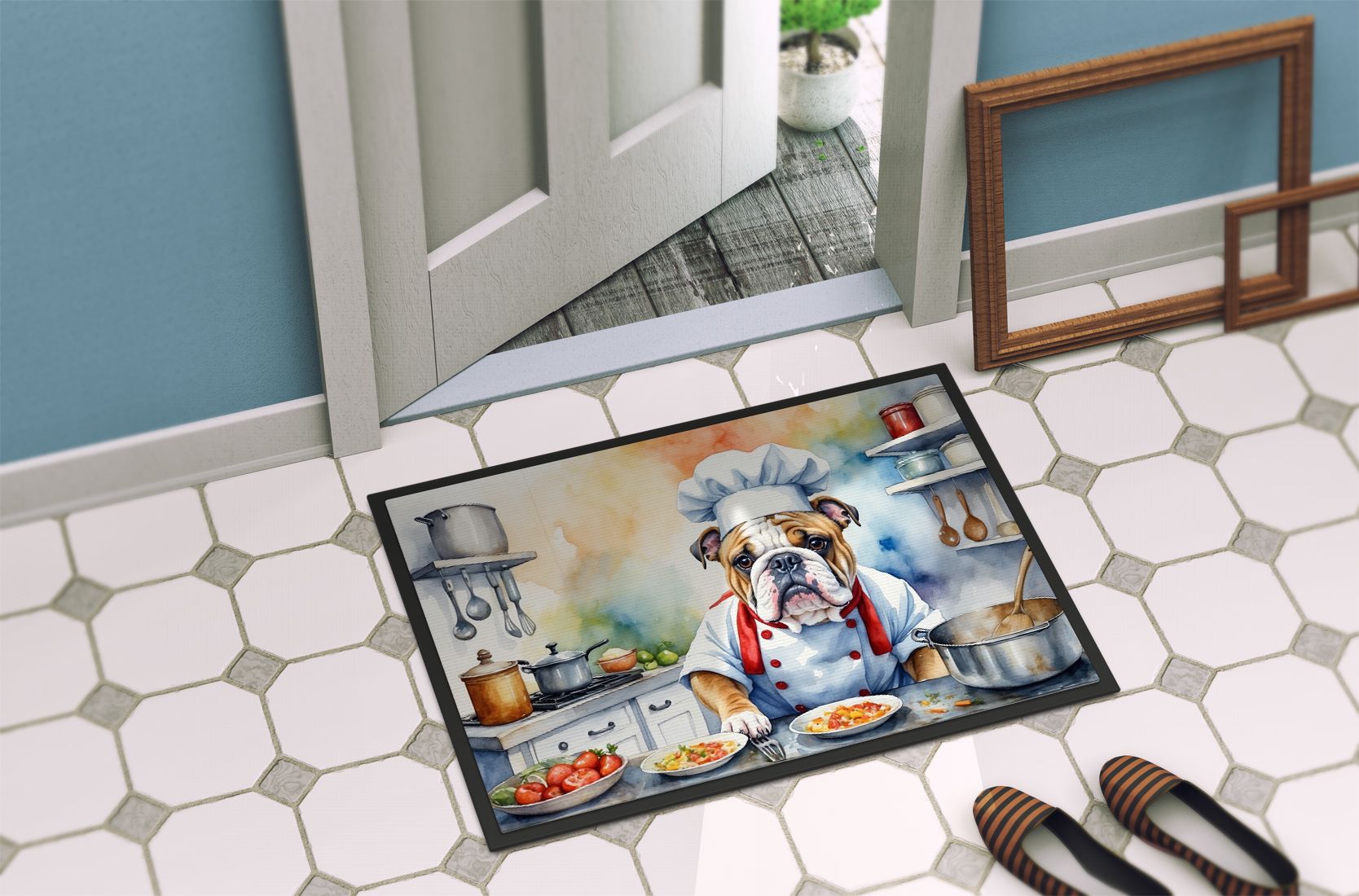 NEW English Bulldog The Chef Doormat Front Door Mat Indoor Outdoor Rugs for Entryway, Non Slip Washable Low Pile, 18H X 27W
