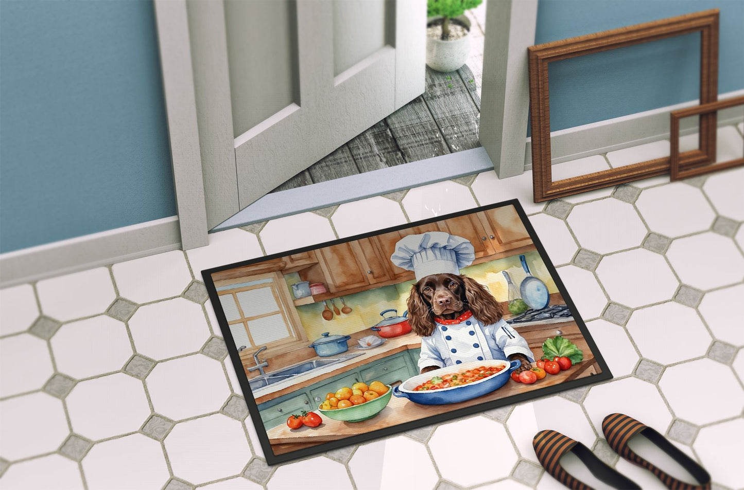NEW Boykin Spaniel The Chef Doormat Front Door Mat Indoor Outdoor Rugs for Entryway, Non Slip Washable Low Pile, 18H X 27W