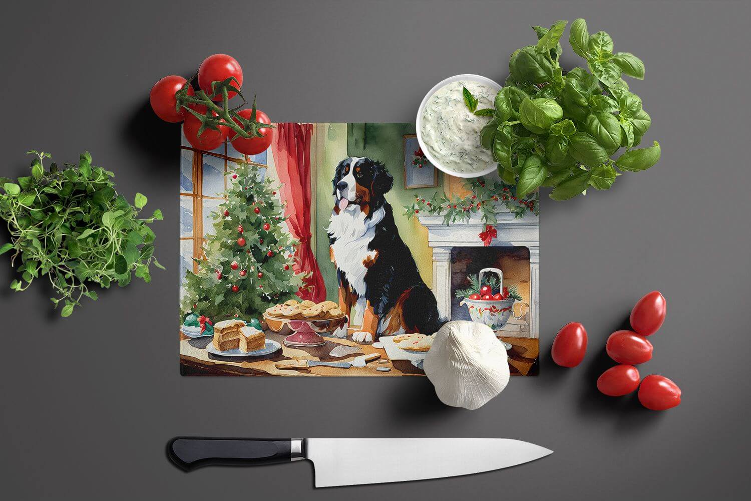 NEW Bernese Mountain Dog Christmas Cookies Glass Cutting Board Decorative Tempered Glass Kitchen Cutting and Serving Board Large Size Chopping Board