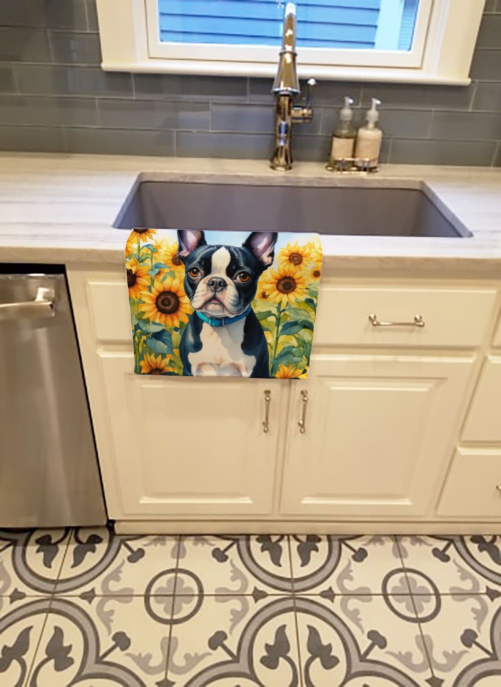 Boston Terrier in Sunflowers Kitchen Towel Dish Cloths Guest Hand Towel Decorative Bathroom Towel for Face,Tea, Dishcloth, Kitchen and Bath