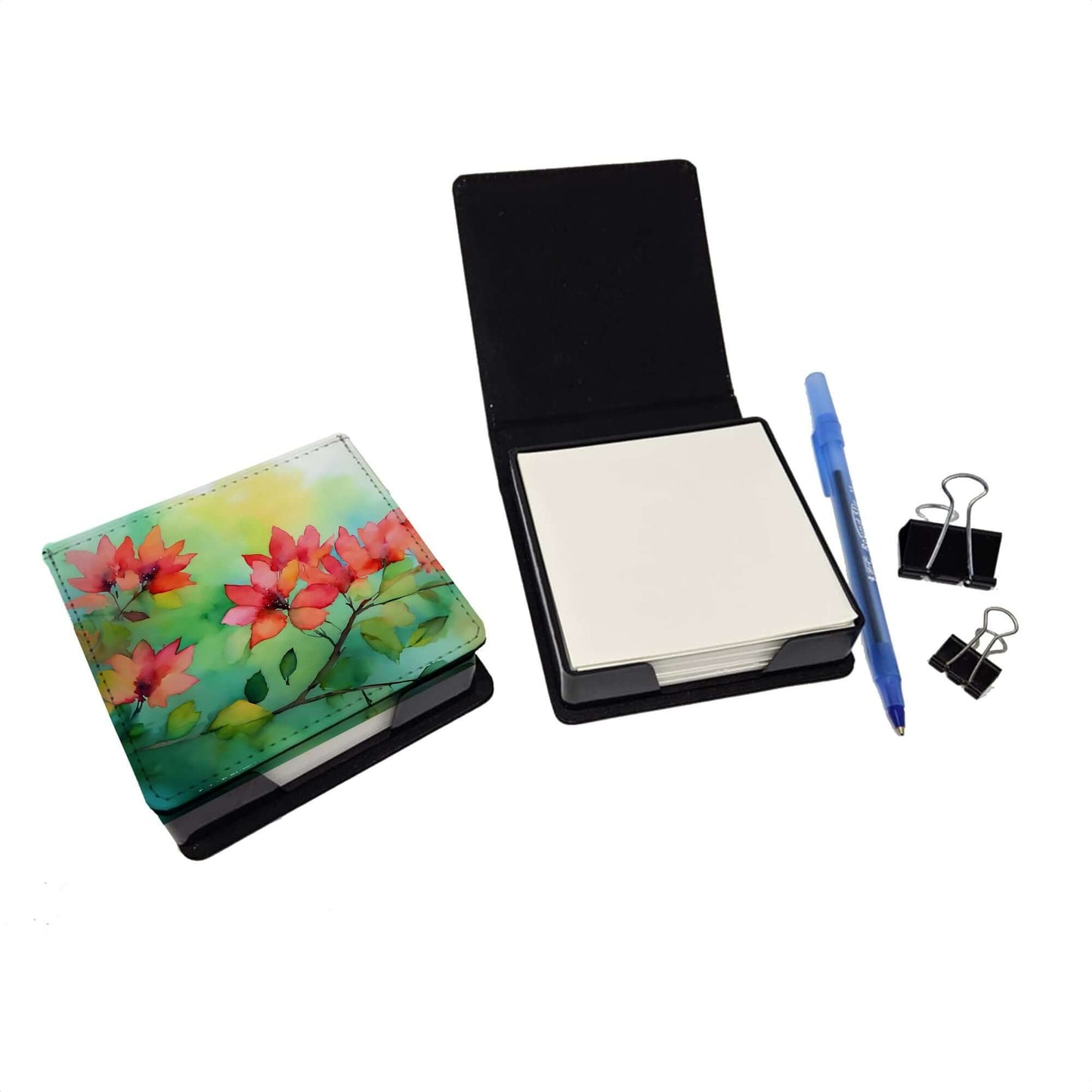Missouri Hawthorns in Watercolor PU Leather Note Paper Holder with Artist-Designed Cover, Desk Accessory, Office Gift