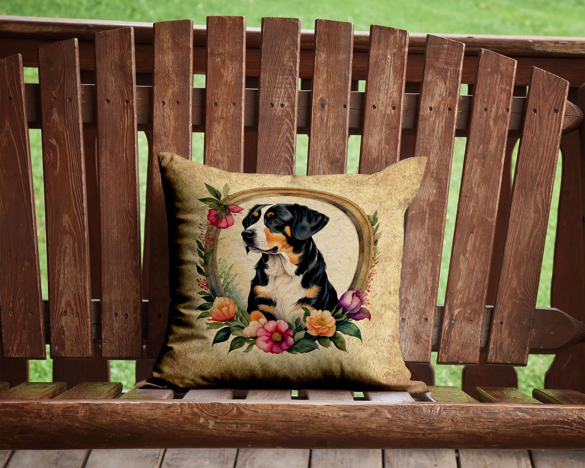 Entlebucher Mountain Dog and Flowers Throw Pillow Machine Washable, Indoor Outdoor Decorative Pillow for Couch, Bed or Patio, 14Hx14W
