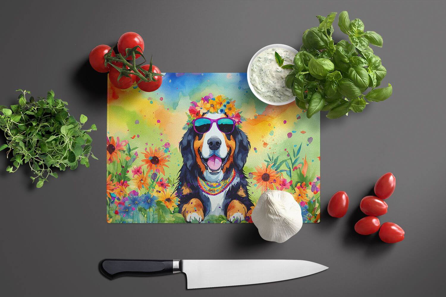 NEW Bernese Mountain Dog Hippie Dawg Glass Cutting Board Decorative Tempered Glass Kitchen Cutting and Serving Board Large Size Chopping Board