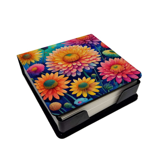 Colorful Chrysanthemums PU Leather Note Paper Holder with Artist-Designed Cover, Desk Accessory, Office Gift
