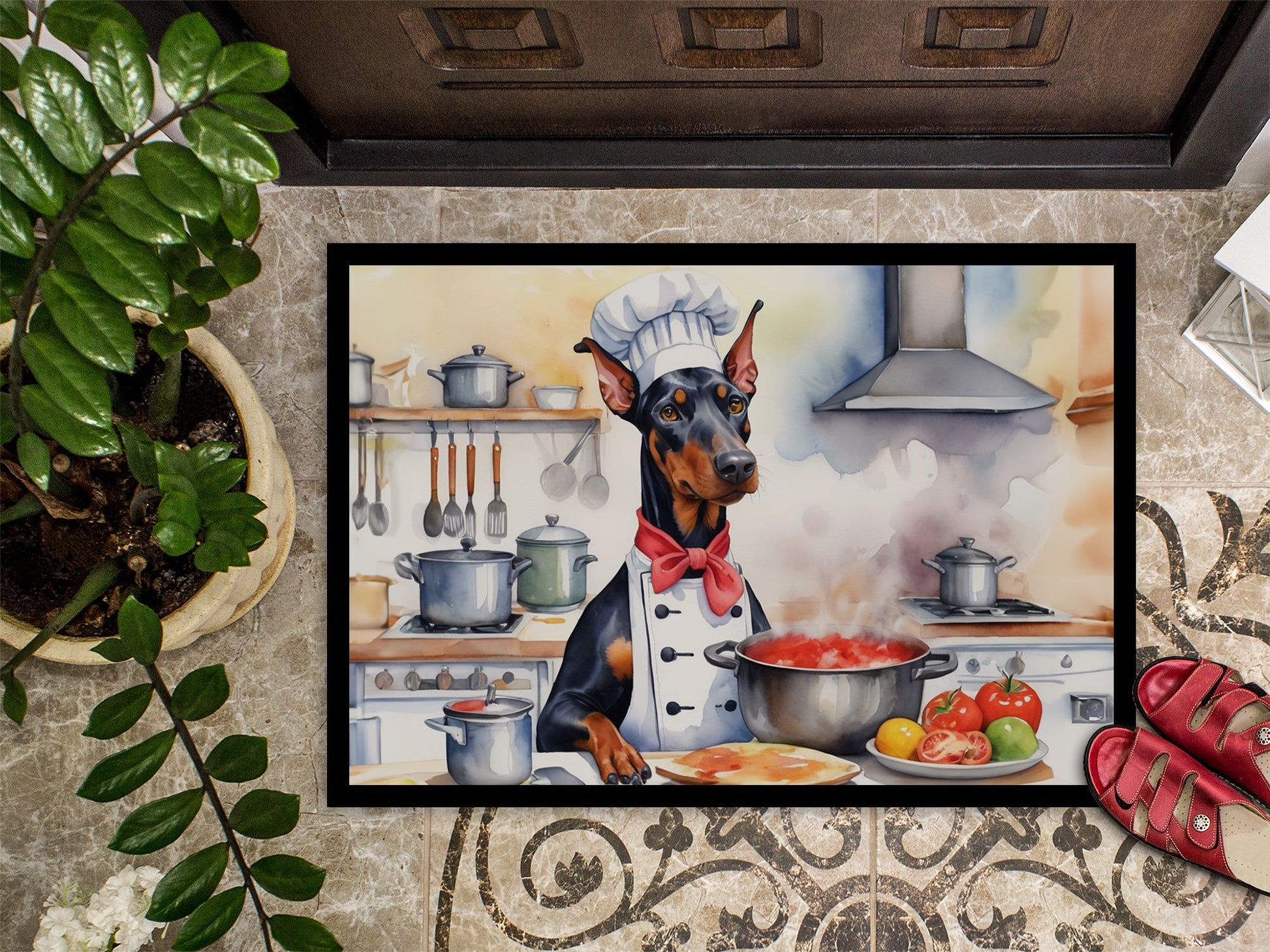 Doberman Pinscher The Chef Doormat Front Door Mat Indoor Outdoor Rugs for Entryway, Non Slip Washable Low Pile, 24H X 36W