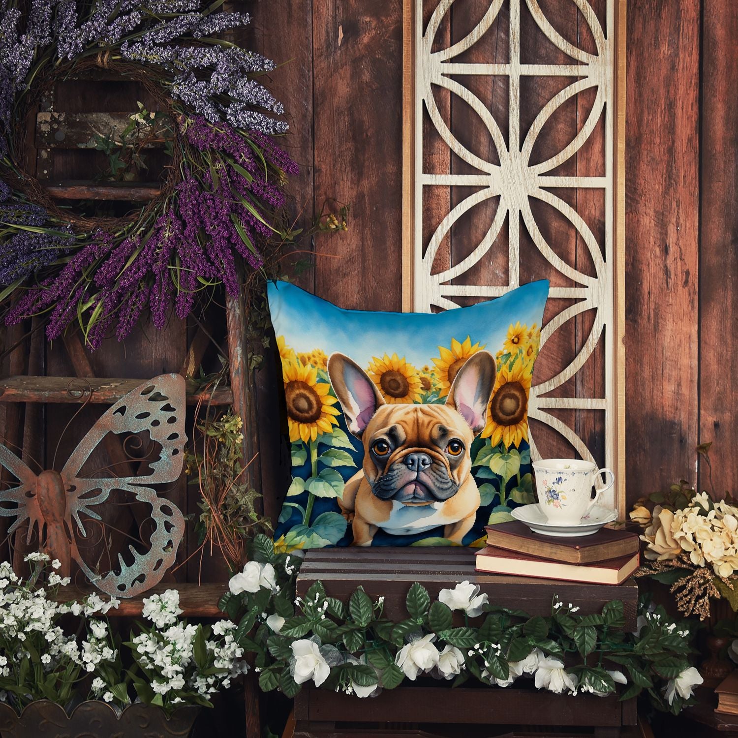 French Bulldog in Sunflowers Throw Pillow Machine Washable, Indoor Outdoor Decorative Pillow for Couch, Bed or Patio, 14Hx14W