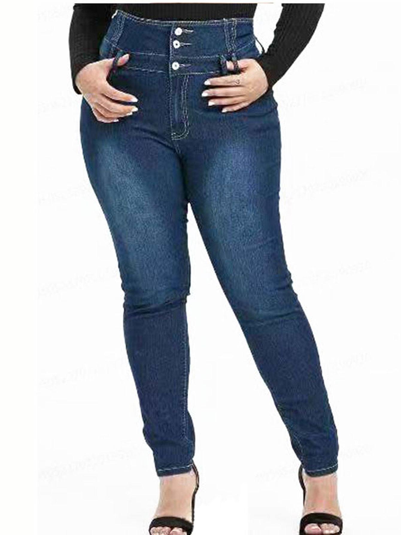 Plus Size High Rise Button Fly Skinny Jeans; Women's Plus Medium Stretch Skinny Pants